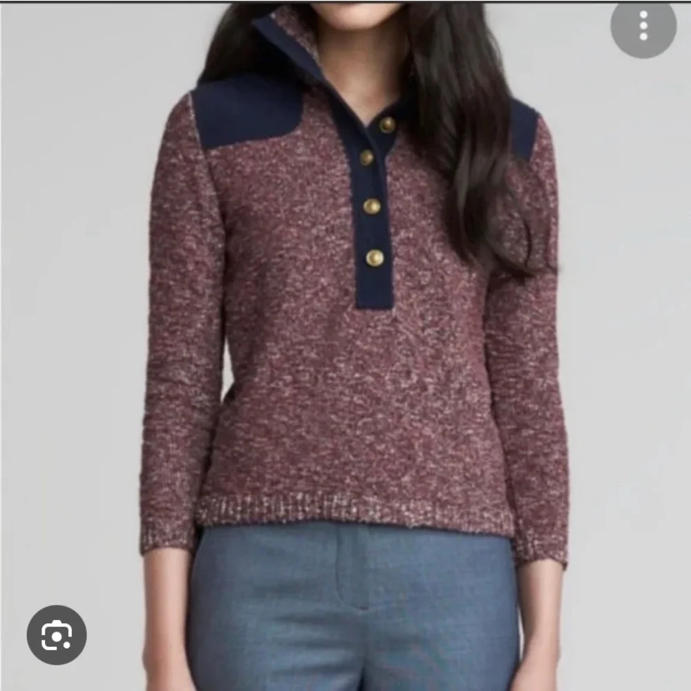 Tory Burch Burgundy Tweed Mock Neck Button Front Pullover Sweater